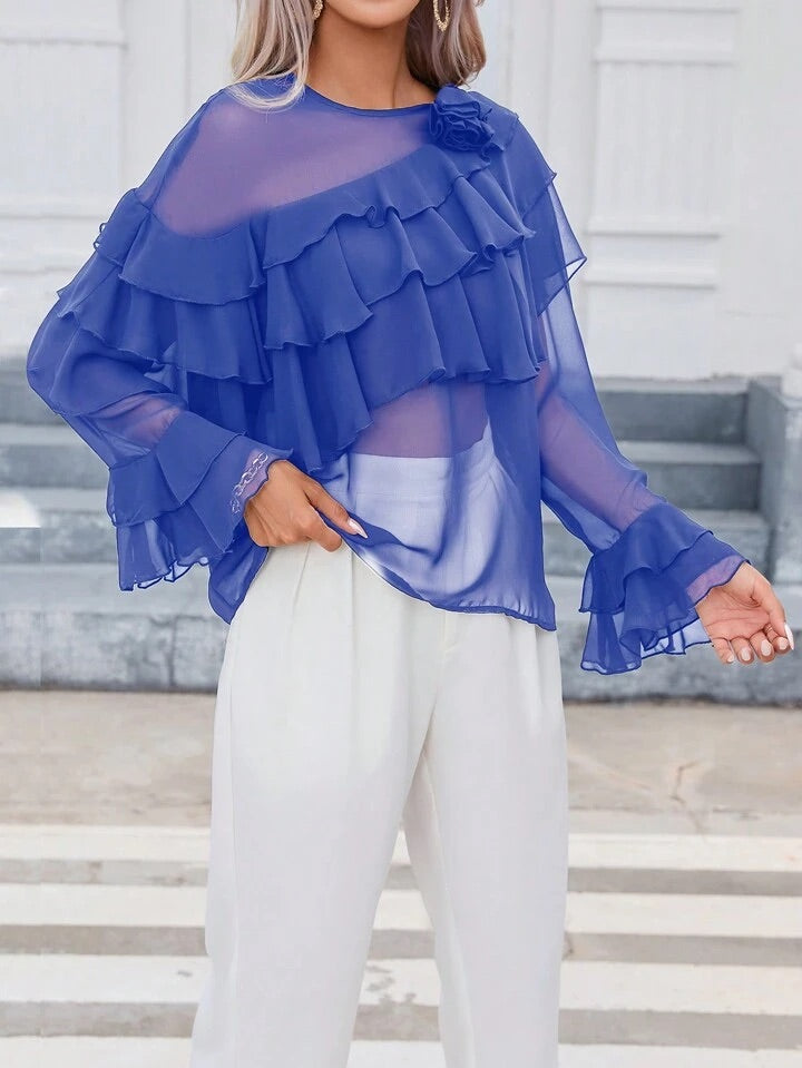 CM-TS826277 Women Elegant Seoul Style 3D Floral Decorated Ruffle Trim Blouse - Blue