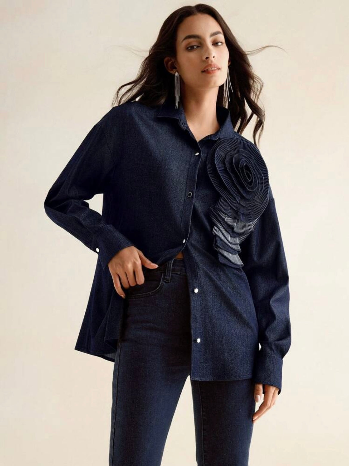 CM-TS053019 Women Elegant Seoul Style Drop Shoulder Collared Pleated 3D Floral Denim Blouse