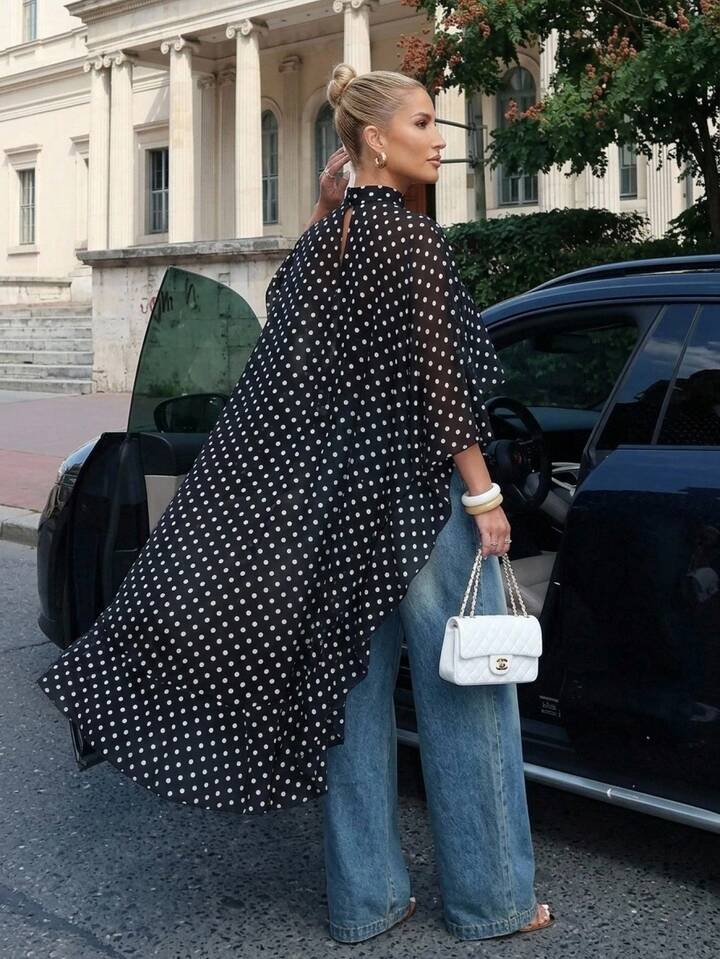CM-TS405965 Women Casual Seoul Style Asymmetric Ruffle Hem Loose Collar Shawl Blouse - Black