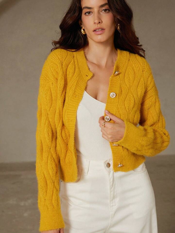 CM-CS125063 Women Elegant Seoul Style Solid Color Argyle Pattern Crew Neck Long Sleeve Rib-Knit Cardigan - Yellow