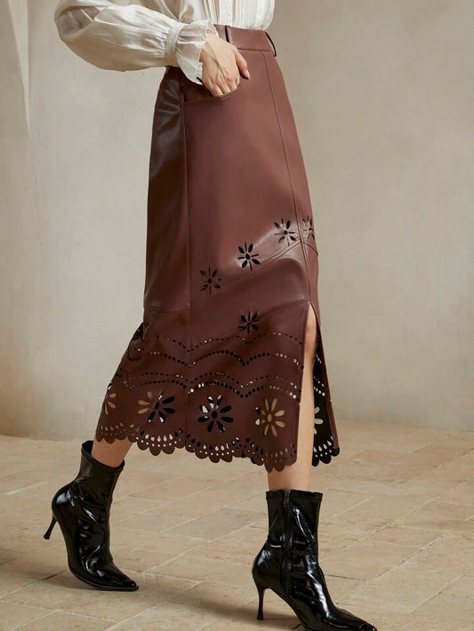 CM-BS336666 Women Elegant Seoul Style PU Leather Midi A-Line Skinny Skirt - Coffee