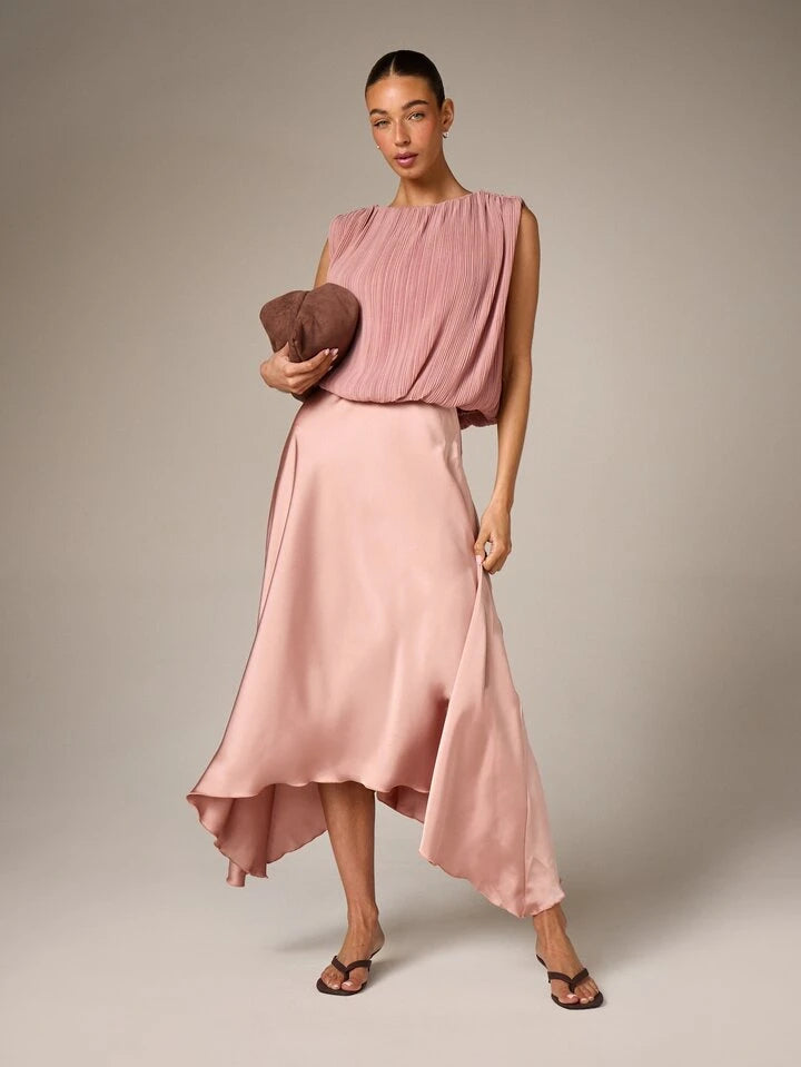 CM-TS550228 Women Casual Seoul Style Crew Neck Pleated Sleeveless Blouse - Pink