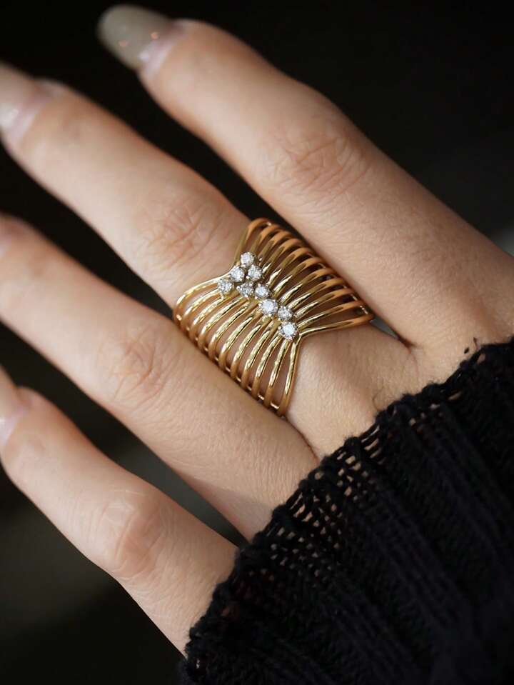 CM-AR947767 925 Sterling Silver Hollow Craft Wide Band Wave Line Minimalist Ring - Gold