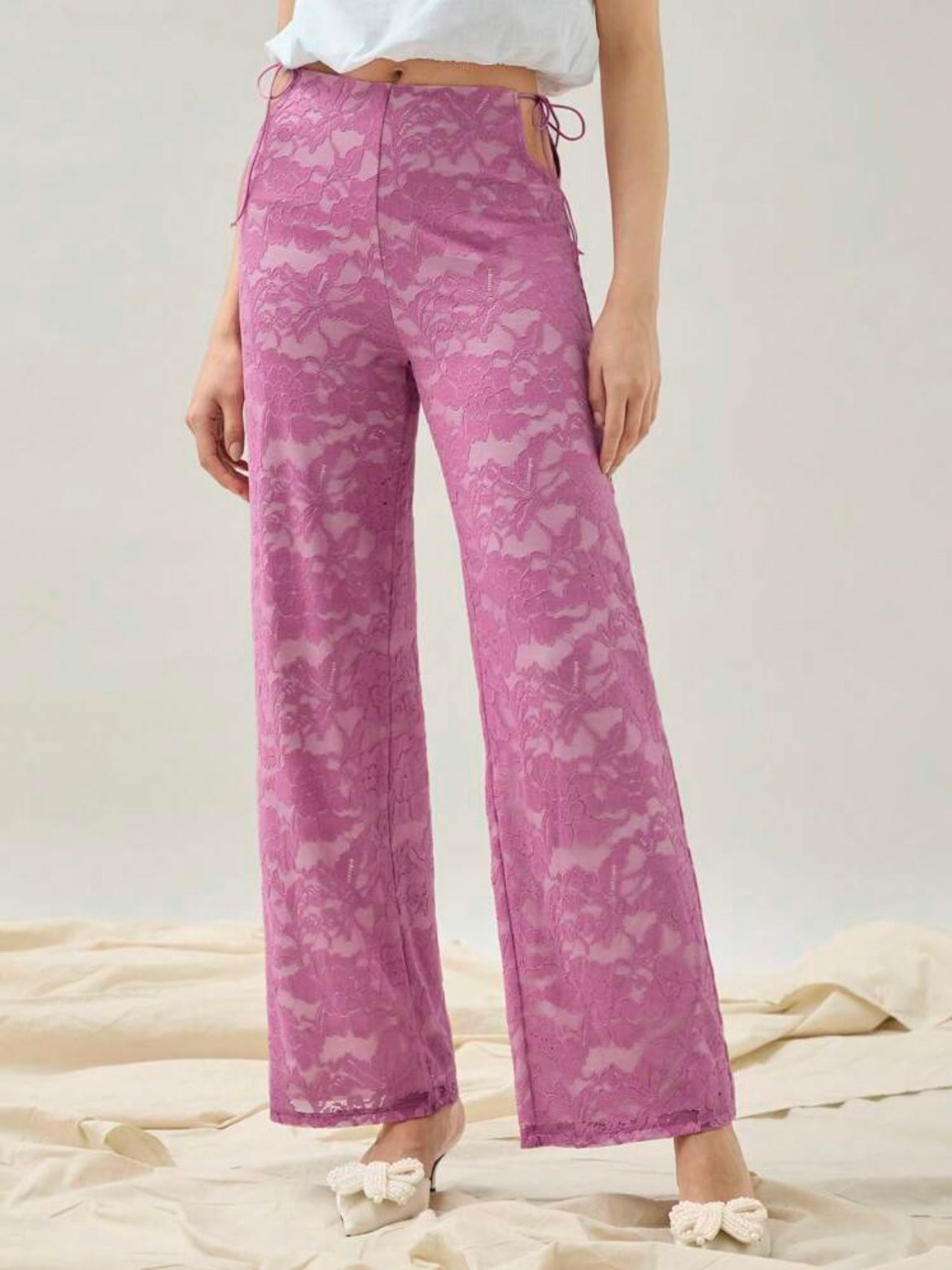 CM-BS032552 Women Elegant Seoul Style Cut Out Droop Waist Hollow Lace Straight Pants - Pink