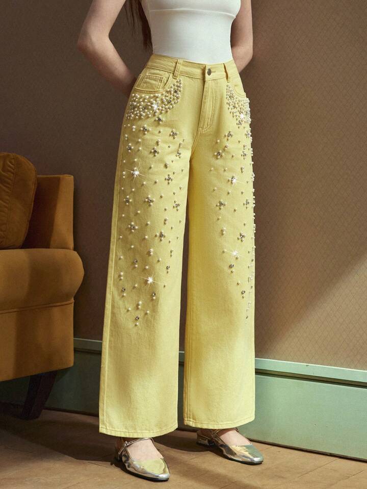 CM-BS414711 Women Casual Seoul Style Pearl Decor Pocket Wide Leg Loose Fit Jeans - Yellow