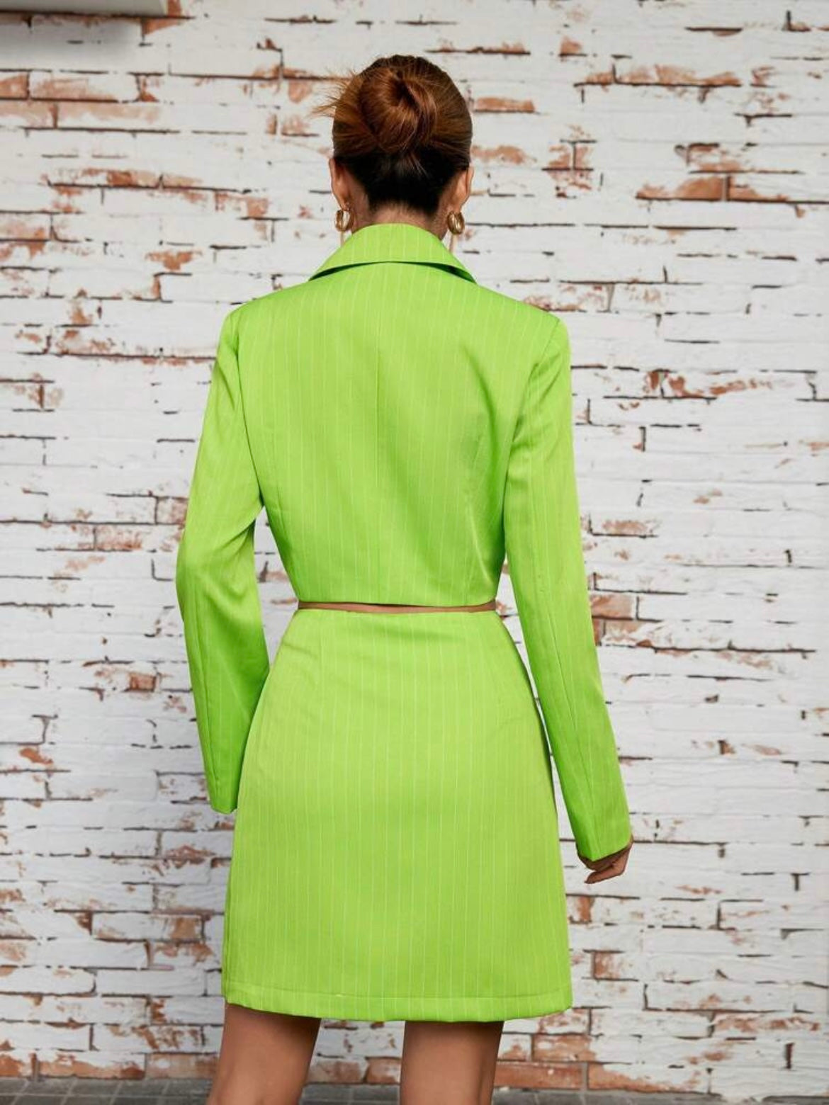 CM-SS429526 Women Elegant Seoul Style Stripe Cropped Jacket With Wrapped Skirt Suit - Green