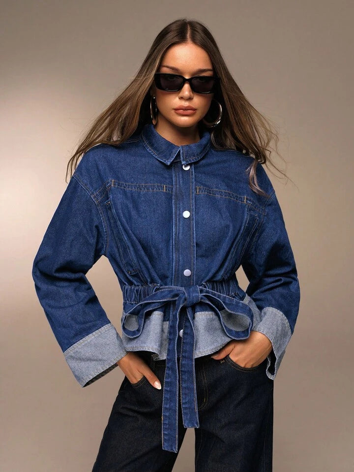 CM-CS044001 Women Elegant Seoul Style Dark Wash Collar Neckline Single Breasted Long Sleeve Denim Jacket