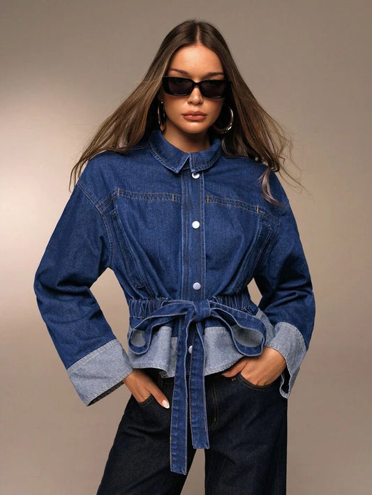 CM-CS044001 Women Elegant Seoul Style Dark Wash Collar Neckline Single Breasted Long Sleeve Denim Jacket