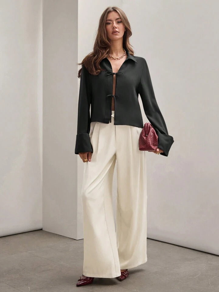 CM-TS834463 Women Trendy Bohemian Style Shirt Collar Front Tie Long Sleeve Shirt - Black
