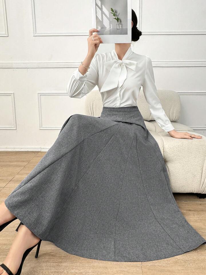 CM-BS211565 Women Elegant Seoul Style High Waist Loose Flare Skirt - Gray