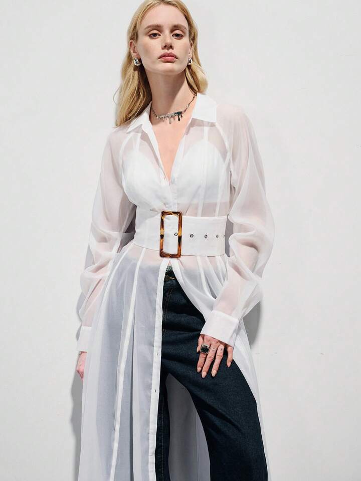 CM-DS108757 Women Elegant Seoul Style Collar Chiffon Sleeve Wide Waistband Buckle Flowing Sheer Shirt Dress