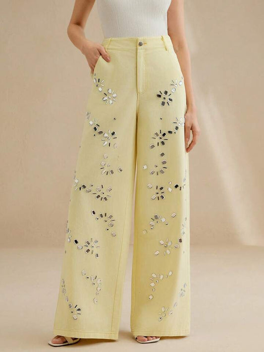 CM-BS166262 Women Casual Seoul Style Baggy Rhinestone Decor Pocket Wide Leg Denim Jeans - Yellow