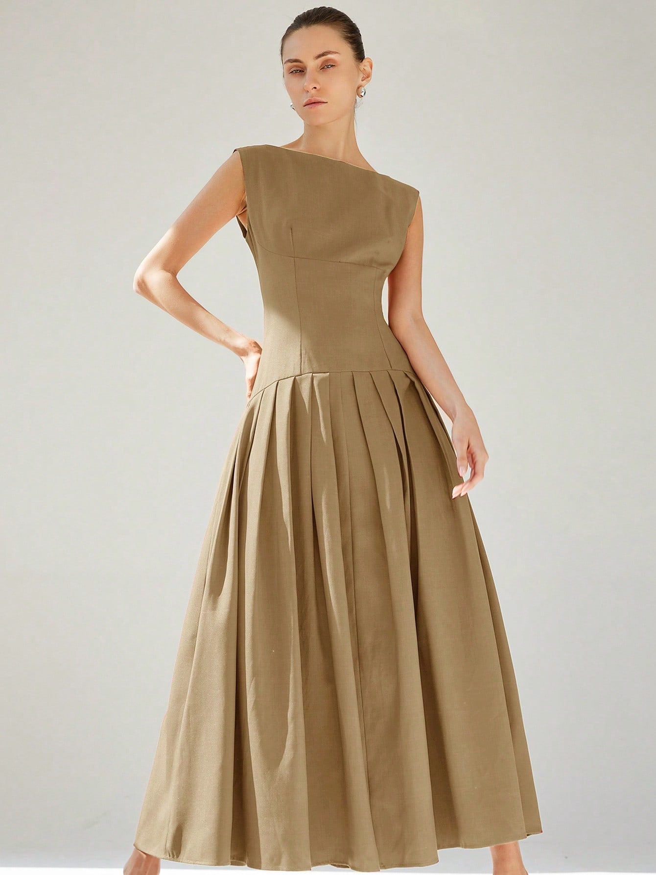 CM-DS613174 Women Elegant Seoul Style Sleeveless Cinched Waist Low Waist Pleated Ruffle Hem Long Dress - Apricot