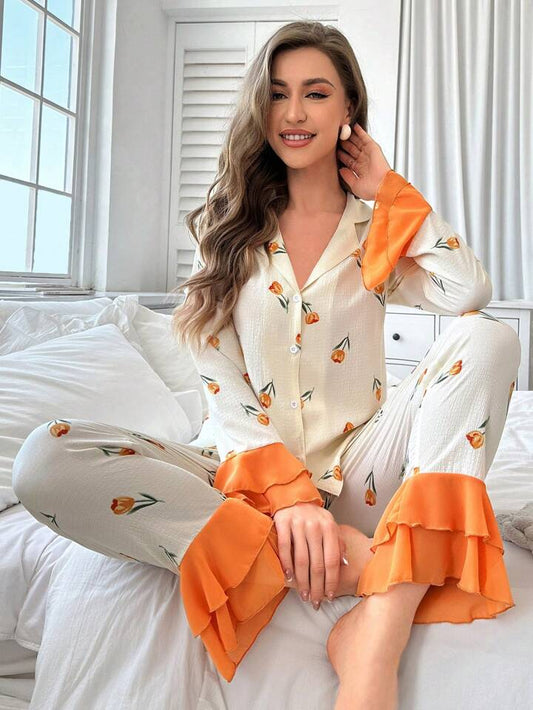 CM-LS933193 Women Trendy Seoul Style Floral Print Patchwork Ruffle Trim Decorated Pajama Set