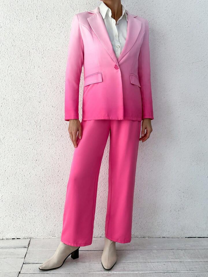 CM-SS929197 Women Elegant Seoul Style Gradient Pointed Lapel Collar Blazer With Pants Suit - Pink