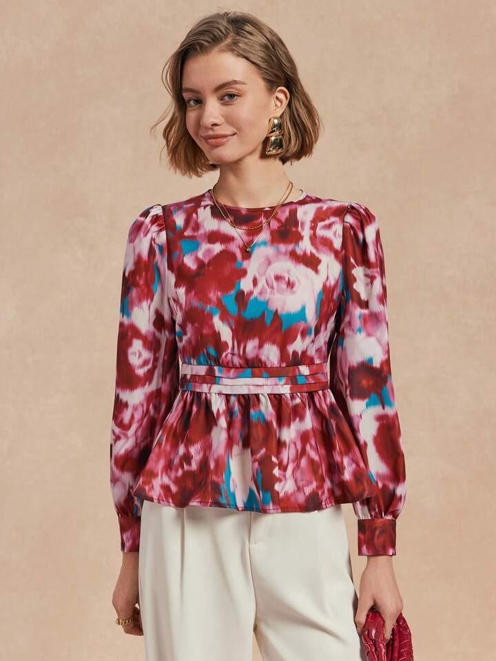 CM-TS023128 Women Casual Seoul Style Round Neck Long Sleeve Printed Peplum Top - Red
