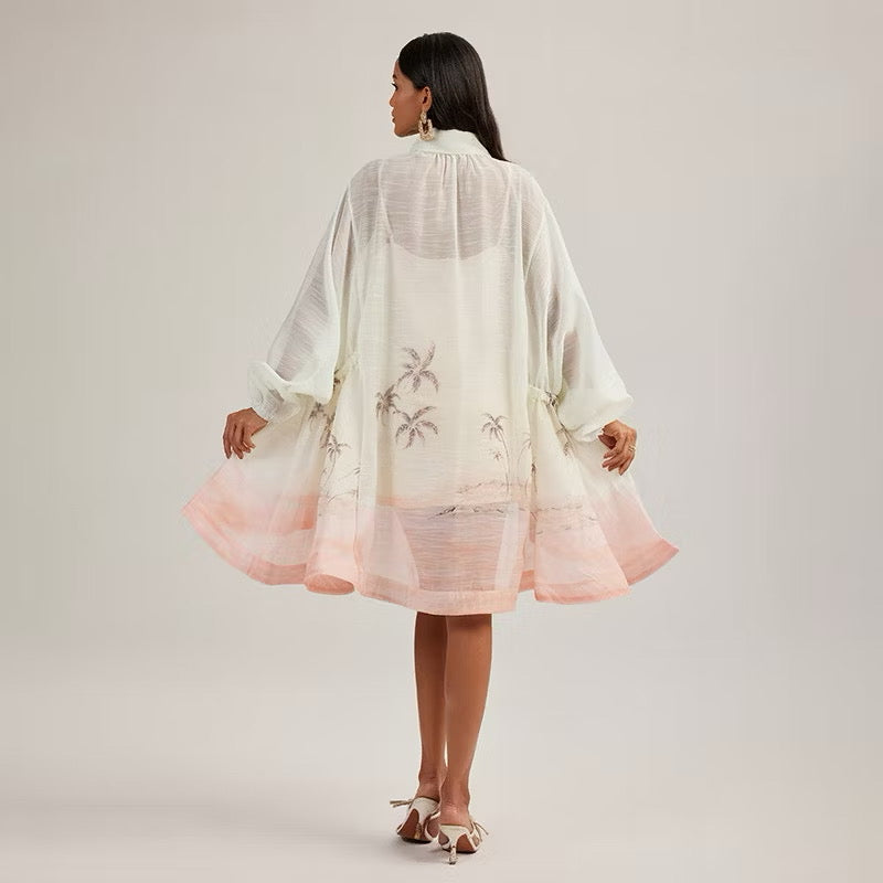 CM-DY045799 Women Elegant European Style Bow Tie Neckline Lantern Sleeve Loose Mini Dress (Available iin 2 colors)