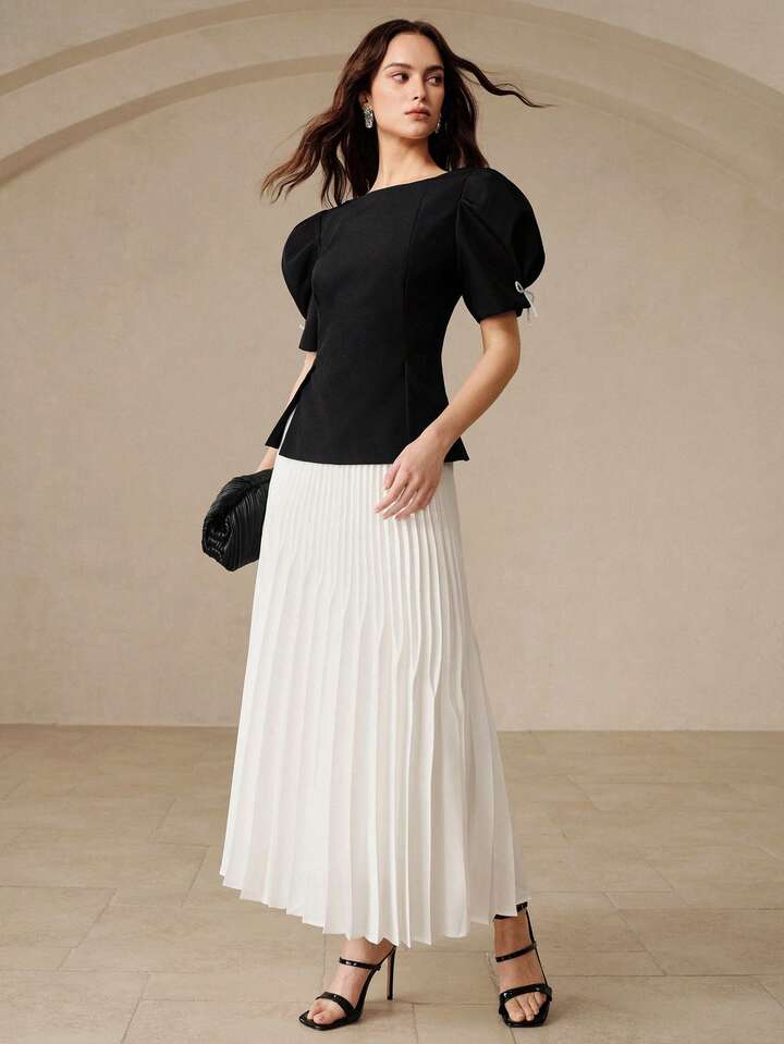 CM-TS263228 Women Elegant Seoul Style Round Neck Puff Sleeve Floral Cuff Pearl Beaded Bow Waist Cut-Out Pleated Top
