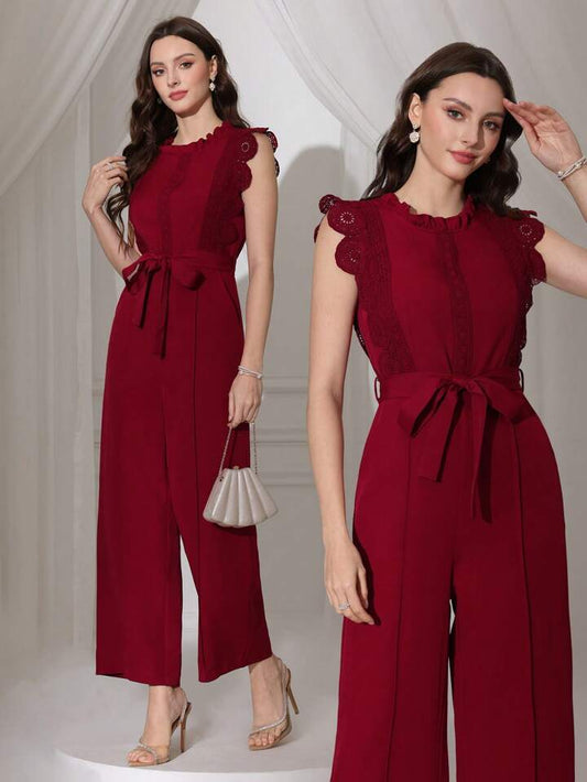 CM-JS463660 Women Elegant Seoul Style Lace Patchwork Sleeveless Straight Leg Jumpsuit - Burgundy