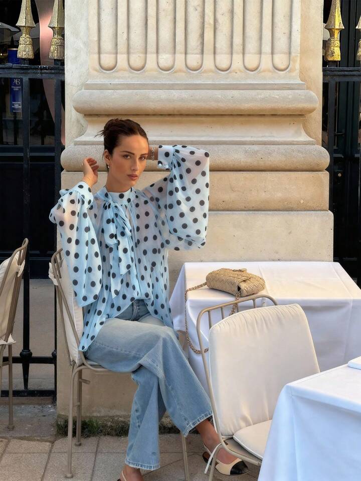 CM-TS433913 Women Elegant Seoul Style Bowknot Lantern Sleeve Polka Dot Pattern Pleated Blouse - Baby Blue