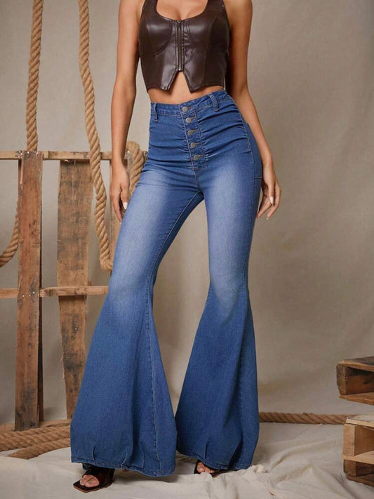CM-BS919313 Women Casual Seoul Style Dark Wash Front Button High Waist Flare Leg Denim Pants