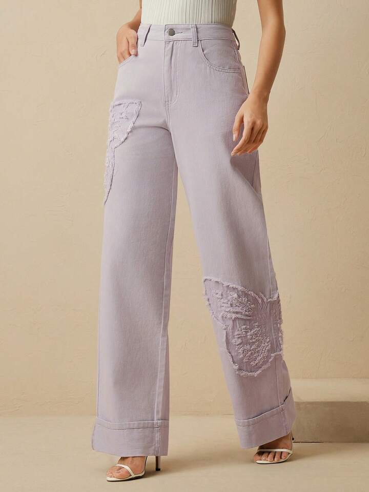 CM-BS337353 Women Casual Seoul Style Mid Waist Embroidered Straight Leg Jeans - Purple
