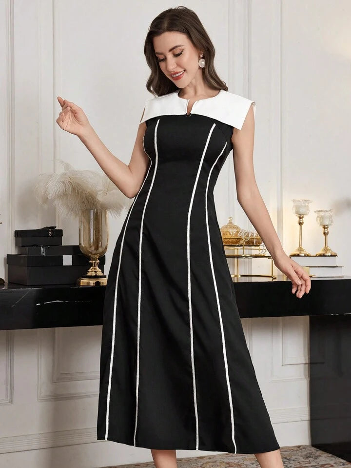CM-DS160677 Women Elegant Seoul Style Notched Neckline Sleeveless Color Blocked A-Line Dress