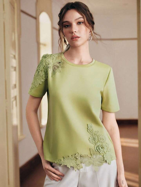 CM-TS254790 Women Elegant Seoul Style Round Neck Short Sleeve Lace Patchwork 3D Embroidered Floral Knit T-Shirt - Green