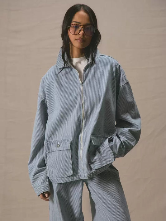 CM-CS395311 Women Casual SeouL Style Collar Neckline Long Sleeve Oversized Pinstripe Front Pockets Denim Jacket