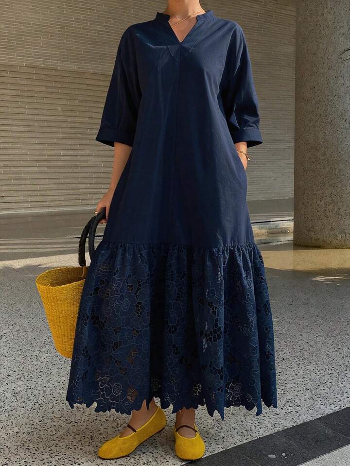 CM-DS486717 Women Trendy Bohemian Style Lace Patchwork Stand Collar 3/4 Sleeve Long Shirt Dress - Navy Blue