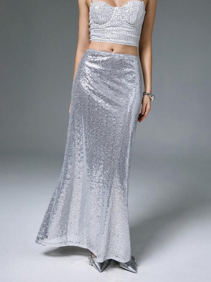 CM-BS292770 Women Elegant Seoul Style Drop Waist Sequined A-Line Maxi Skirt - Silver