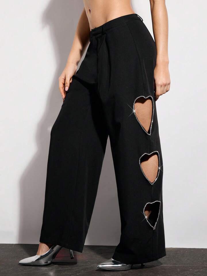 CM-BS771505 Women Casual Seoul Style Hollow Heart Rhinestone Side Stripes Wide Leg Pants