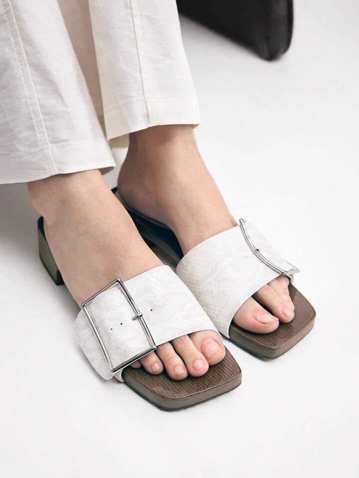 CM-SHS493873 Women Trendy Seoul Style Wooden Slip-On With Large Buckle PU Wedge Sandals - White