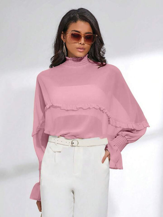 CM-TS187536 Women Trendy Bohemian Style Shirred Neck Batwing Sleeve Sheer Blouse - Pink