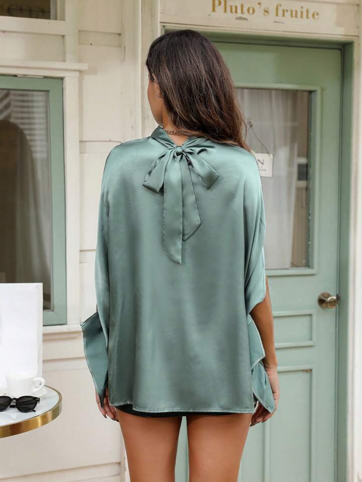 CM-TS051898 Women Casual Seoul Style Stand Collar Cape Sleeve Blouse - Dark Green