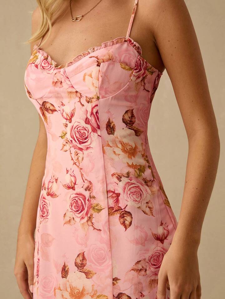 CM-DS836355 Women Elegant Seoul Style Floral Print Spaghetti Strap Sweetheart Neck Pleated Hem Mermaid Maxi Dress