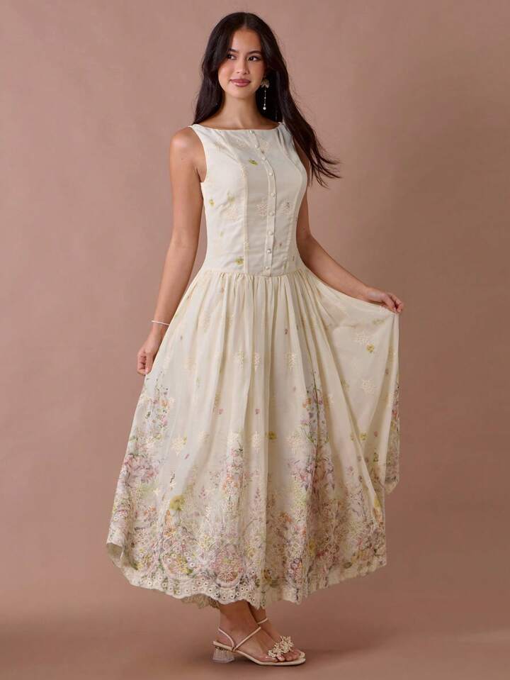 CM-DS074678 Women Elegant Seoul Style Floral Print Embroidered Single-Breasted Sleeveless Long Dress