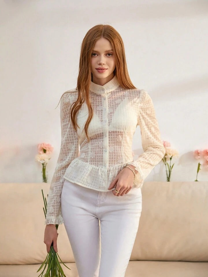 CM-TS612678 Women Elegant Seoul Style Long Sleeve Sheer Mesh Blouse - Beige