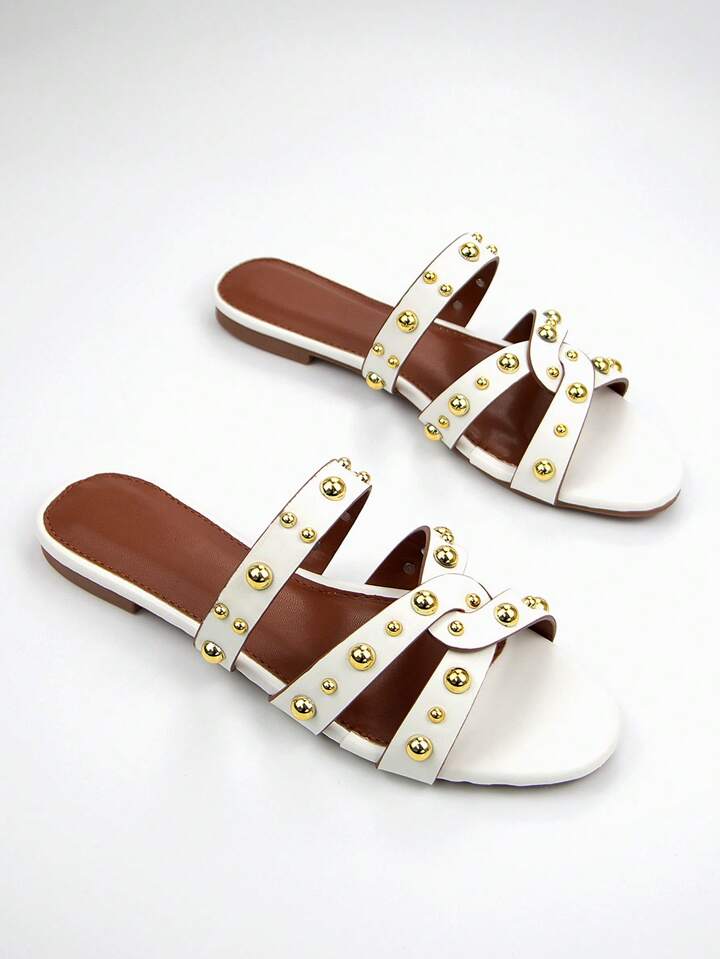 CM-SHS555173 Women Trendy Seoul Style Gold Rivet Decor Cutout PU Contrast Edged Round Toe Slip-On Flat Sandals