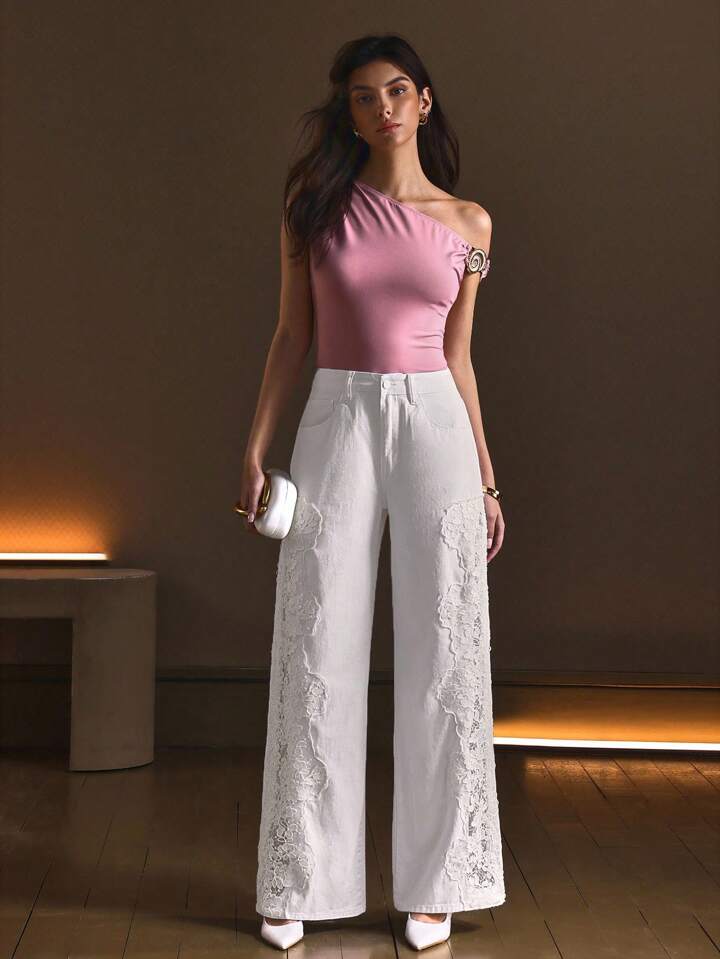 CM-BS662269 Women Casual Seoul Style Low Waist Lace Patchwork Hollow Out Slim Fit Jeans - White