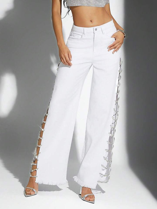CM-BS219091 Women Casual Seoul Style Rhinestone Embellished Pockets Hollow Out Loose Fit Jeans