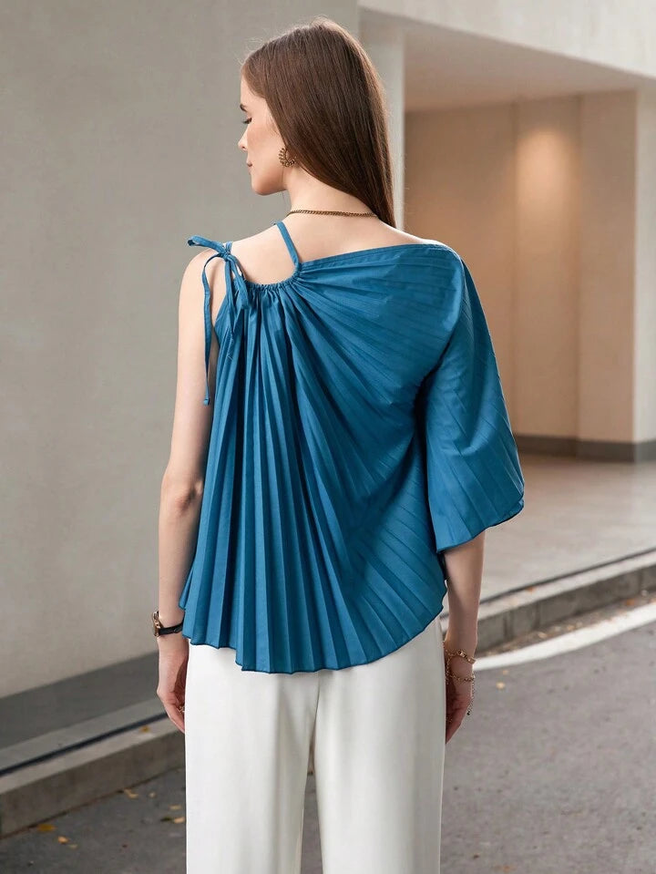 CM-TS863677 Women Casual Seoul Style Asymmetrical Neck Flounce Sleeve Pleated Shirt - Blue