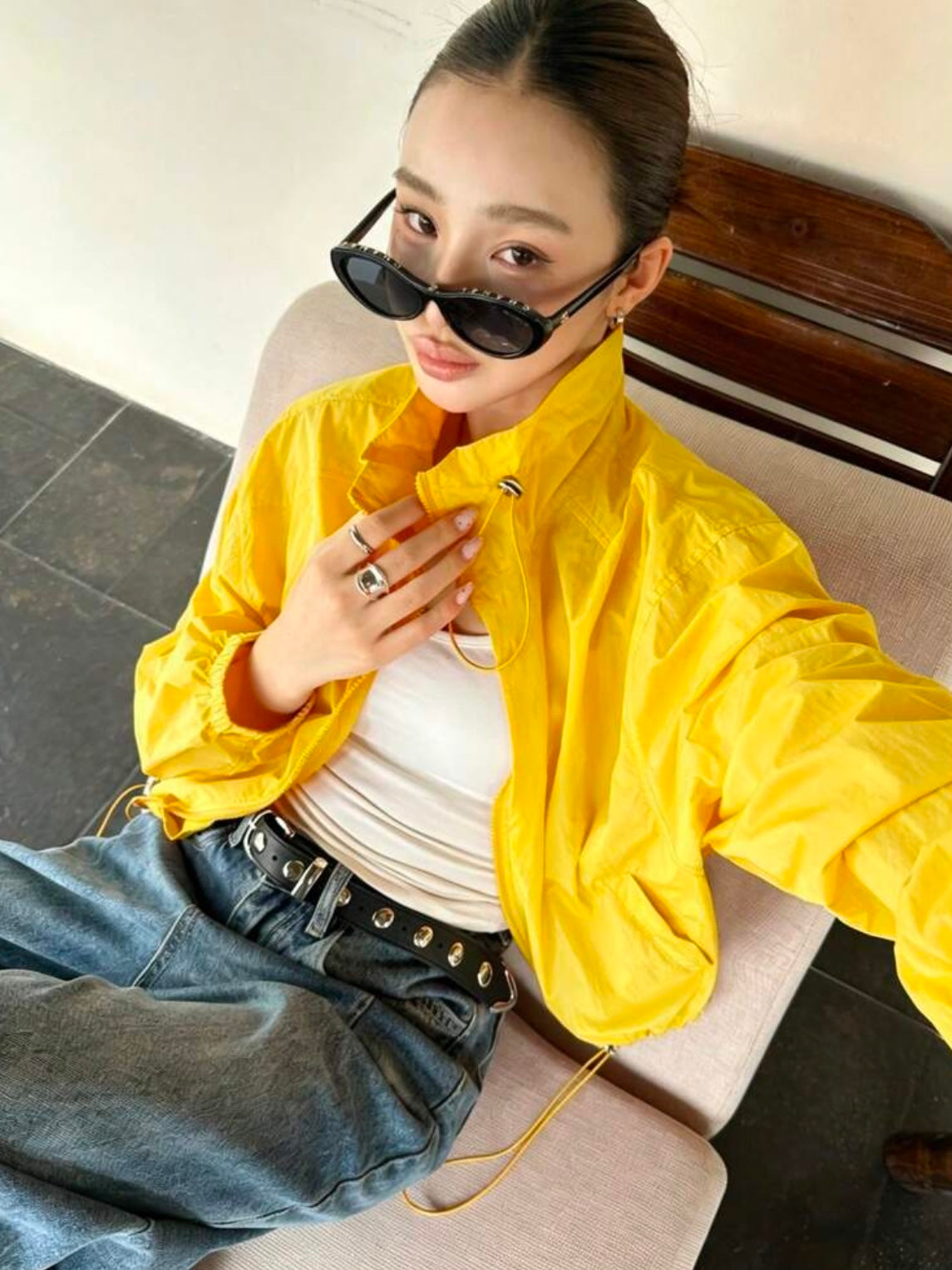 CM-CS765244 Women Casual Seoul Style Drawstring Collar Loose Fit Short Lightweight Jacket - Yellow
