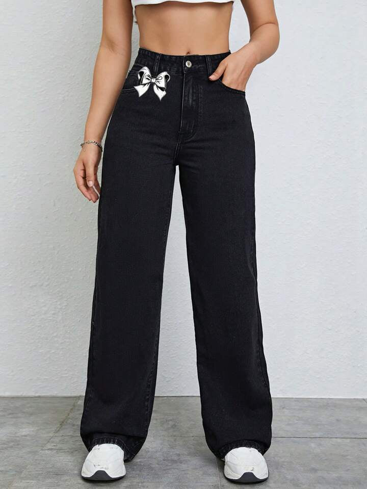 CM-BS327771 Women Casual Seoul Style Button Waist Belt Loop Pocket Bow Decor Straight Loose Pants