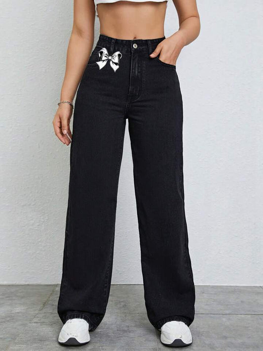 CM-BS327771 Women Casual Seoul Style Button Waist Belt Loop Pocket Bow Decor Straight Loose Pants