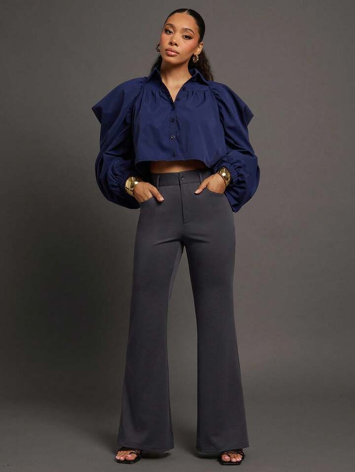 CM-TS350790 Women Elegant Seoul Style Exaggerated Puff Long Sleeve Collar Button Up Top - Royal Blue