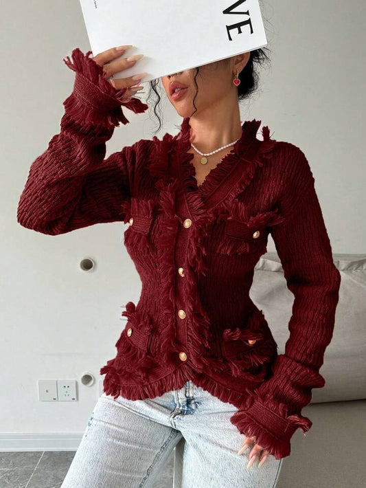 CM-CS113918 Women Casual Seoul Style Button Pockets Fringed Edges Long Sleeve Cardigan - Red