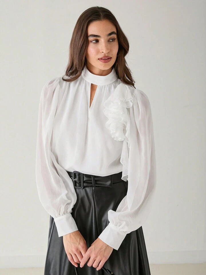 CM-TS119112 Women Elegant Seoul Style Stand Collar Long Sleeve Ruffle Trim 3D Floral Blouse - White