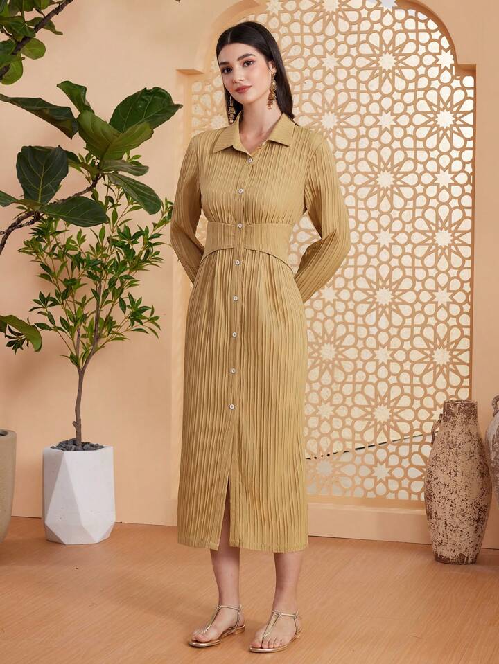 CM-DS174744 Women Elegant Seoul Style Shirt Collar Front Button Up Pleated Dress - Khaki