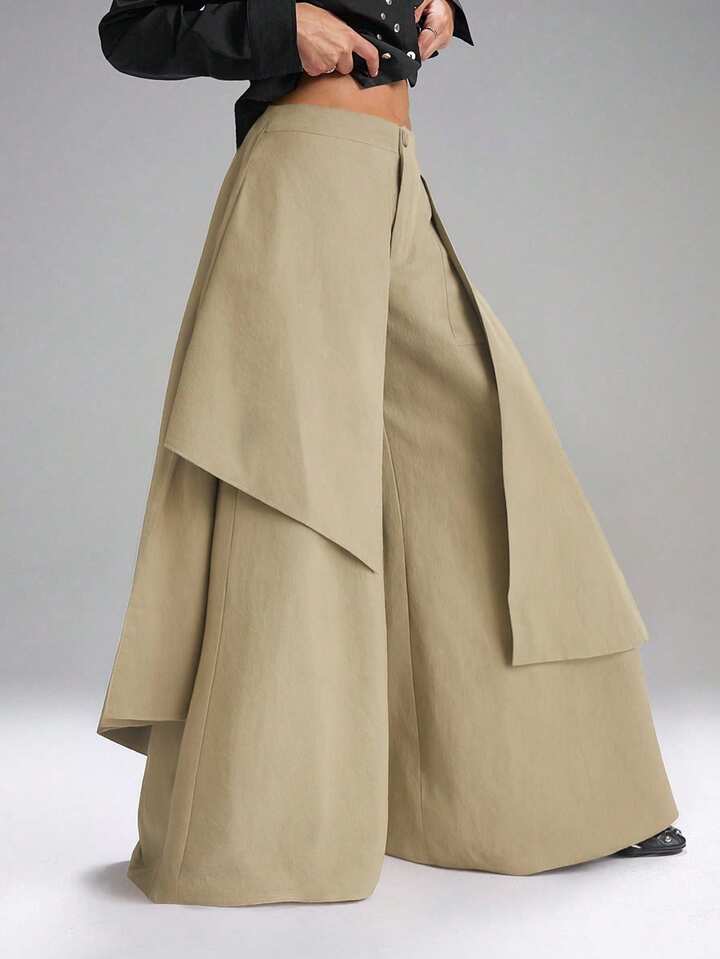 CM-BS133321 Women Casual Seoul Style Mid Waist Solid Color Loose Fit Wide Leg Pants - Khaki
